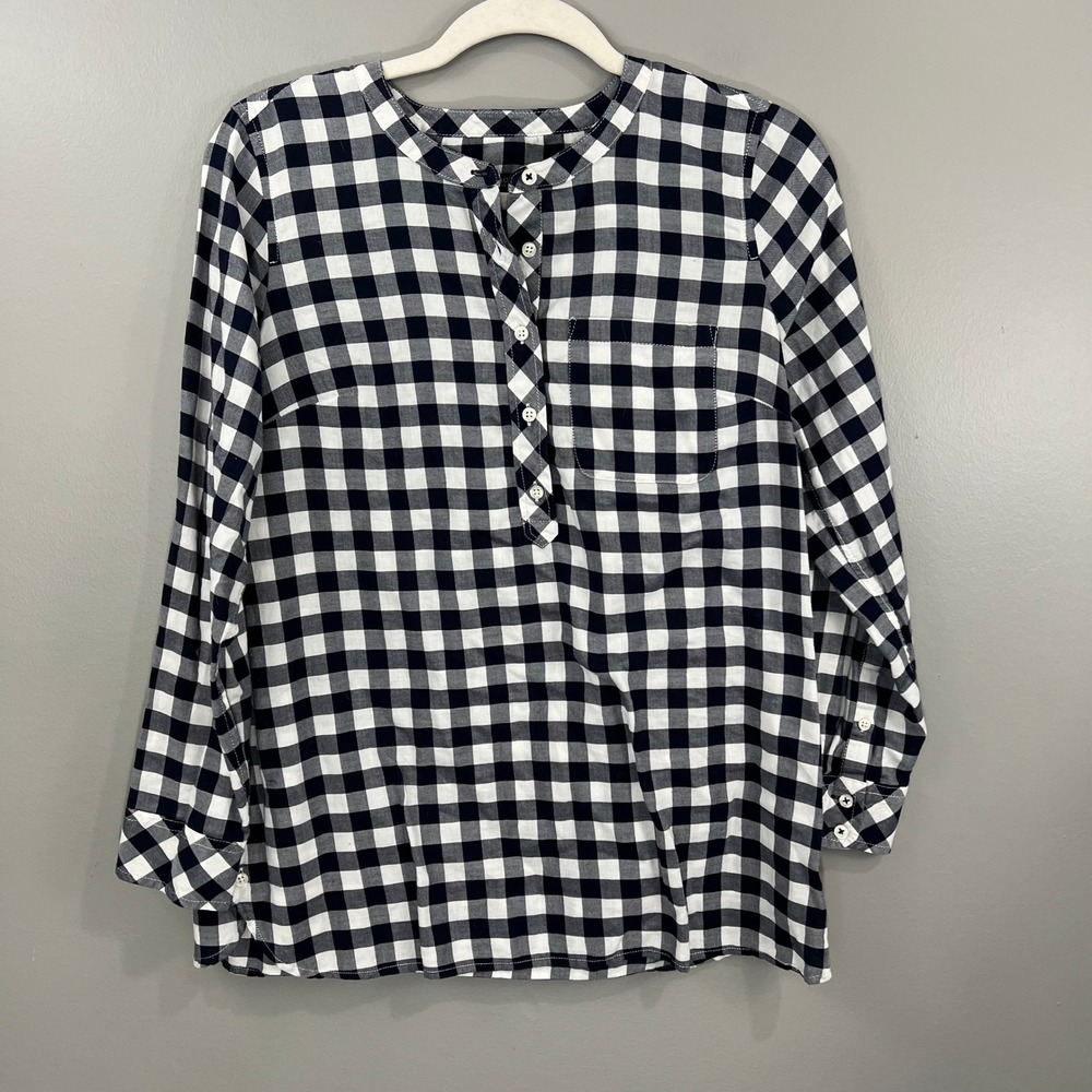 Talbots Gingham Popover Tunic Womens Size MP Navy Blue Great Cotton Long Sleeve